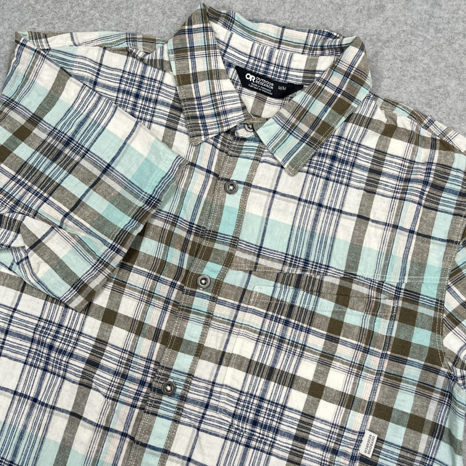 Outdoor Research Weisse Shirt Mens M Teal Brown Plaid Short Sleeve Button Hemp